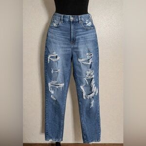 American Eagle Outfitters High Rise Ripped Curvy Mom Blue Jeans